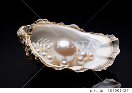 The pearls in the mussel shell on black background. Close up of a pearl nestled inside a oyster shell. The pearls in the mussel shell on black background. Close up of a pearl nestled inside a oyster shell. 108001427