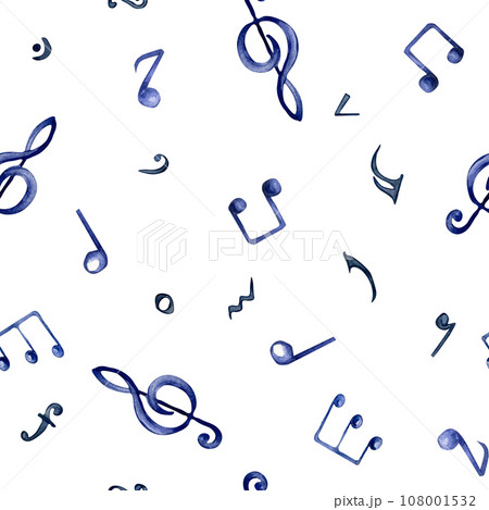 Musical note watercolor seamless pattern. Treble clef and notes isolated on white background. Endless print of musical signs hand drawn. Musical symbols hand painted. Design element for paper 108001532