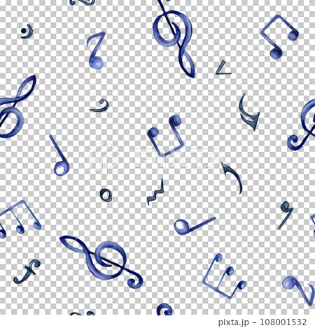 Musical note watercolor seamless pattern. Treble clef and notes isolated on white background. Endless print of musical signs hand drawn. Musical symbols hand painted. Design element for paper 108001532