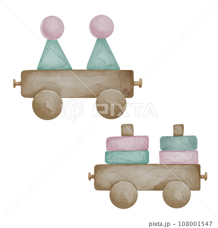 Wooden toys for baby watercolor illustration isolated on white background. Hand drawn blocks and trains. Toy for toddler in pastel colors. Elements for birthday postcard or newborn shower, print 108001547
