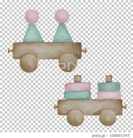 Wooden toys for baby watercolor illustration isolated on white background. Hand drawn blocks and trains. Toy for toddler in pastel colors. Elements for birthday postcard or newborn shower, print 108001547