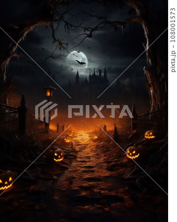 Halloween night background, the path through the old cemetery to the sinister castle, pumpkin faces, black trees at night, vertical image. Halloween night background, the path through the old cemetery to the sinister castle, pumpkin faces, black trees at night, vertical image. 108001573