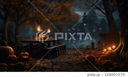 Halloween theme. Perfect place for a spooky night party night decorated with lanterns and pumpkin faces next to ancient castle. 108001574