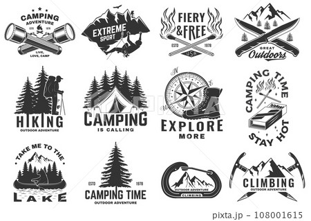 Set of outdoor adventure sticker. Vector illustration. Concept for shirt or logo, print, stamp, patch or tee. Vintage typography design with forest pine tree, hiker, climber and mountain silhouette 108001615