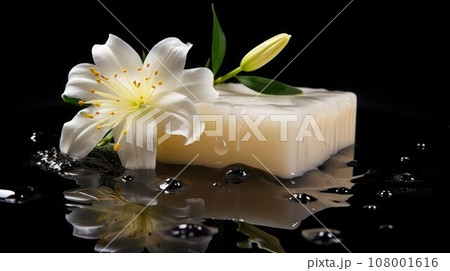 Ivory natural soap with white beautiful lily flower and water drops on wet shiny black surface, close-up, selective focus. Ivory natural soap with white beautiful lily flower and water drops on wet shiny black surface, close-up, selective focus. 108001616