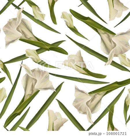 Watercolor gladioluses plant seamless pattern, hand drawn digital floral illustration of white flowers buds and leaves Isolated on white background Repeating design for print wallpaper, wrapping paper 108001721