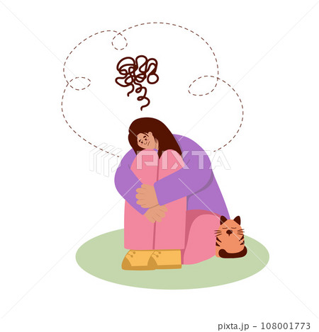 Depression. Sad girl with bad thoughts in her head. Sleep disorder. Flat illustration Depression. Sad girl with bad thoughts in her head. Sleep disorder. Flat illustration 108001773