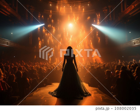 Fictional woman artist in dress on big stage of luxury concert hall AI 108002035