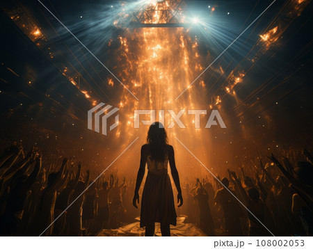 Fictional woman artist in dress on big stage of luxury concert hall AI 108002053