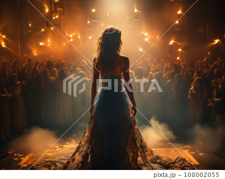 Fictional woman artist in dress on big stage of luxury concert hall AI 108002055