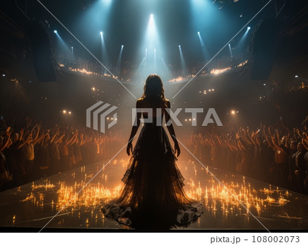 Fictional woman artist in dress on big stage of luxury concert hall AI Fictional woman artist in dress on big stage of luxury concert hall AI 108002073