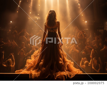 Fictional woman artist in dress on big stage of luxury concert hall AI 108002075