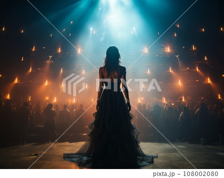 Fictional woman artist in dress on big stage of luxury concert hall AI 108002080