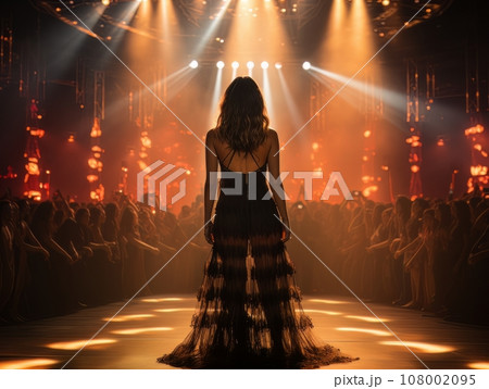 Fictional woman artist in dress on big stage of luxury concert hall AI 108002095