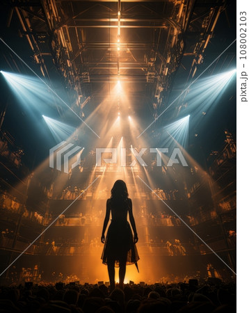 Fictional woman artist in dress on big stage of luxury concert hall AI Fictional woman artist in dress on big stage of luxury concert hall AI 108002103