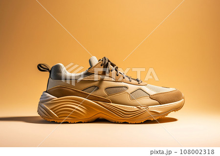 Stylish sport shoes on pastel background, simple urban aesthetics. Sportswear, minimalist style and fashion, running footwear. Sneakers for running or hiking 108002318