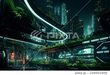 サイバーパンクな未来都市の風景 3D立体画像 サイバーパンクな未来都市の風景 3D立体画像 108002406