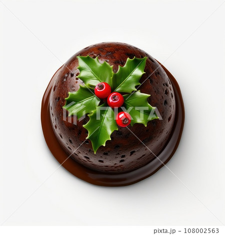 Christmas Pudding With a Sprig Of Holly Isolated On A White Background. 108002563
