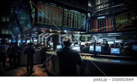 Stock exchange room with with a lot of trading people, forex concept 108002664