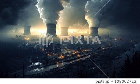 View to nuclear power plant producing electrical energy, industrial concept 108002712
