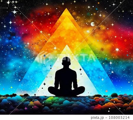 Transcendental chakras, cosmic meditation, human silhouette. Concept of meditation, spirituality, enlightenment 108003214
