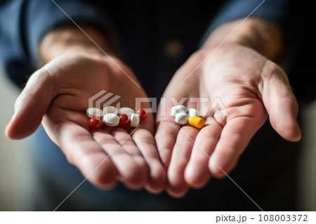 Close up hands showing prescription pills or medical pills or capsules 108003372
