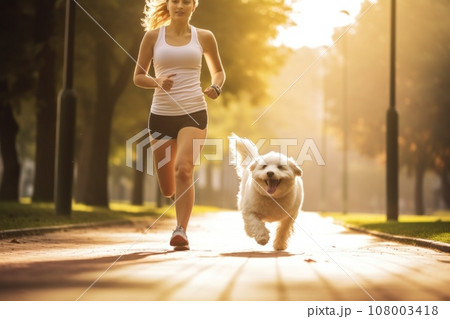 A person jogging with their dog as a fun way to exercise A person jogging with their dog as a fun way to exercise 108003418