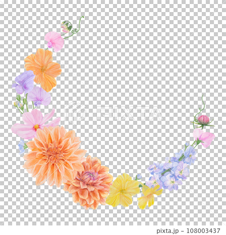 Watercolor botanical colourful round frame of summer and autumn flowers: dahlia, zinnia, lathyrus, gillyflower, nasturtium, cosmos. Good for wedding print products, paper, invitations, greetings Watercolor botanical colourful round frame of summer and autumn flowers: dahlia, zinnia, lathyrus, gillyflower, nasturtium, cosmos. Good for wedding print products, paper, invitations, greetings 108003437
