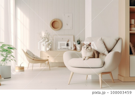 Modern living room interior Cute cat near couch Generative AI 108003459