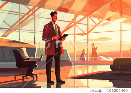 Man at airport lounge and using mobile phone, Businessman working and using mobile at busy time on airport, Generative AI 108003460