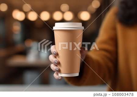 Mock up of female hand holding blank coffee paper cup for advertising 108003478