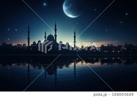 Silhouette of mosque at night moonlit sky stunning as the full moon 108003689