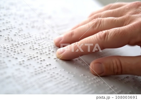 Hand of a blind person reading some braille text touching the relief 108003691