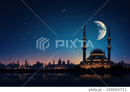 Silhouette of mosque at night moonlit sky stunning as the full moon 108003711
