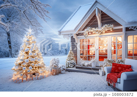 Beautiful winter landscape with snow covered trees and decorated house with Christmas tree. Beautiful winter landscape with snow covered trees and decorated house with Christmas tree. 108003872