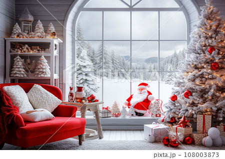 Christmas tree with gifts and Santa Claus near the window. Christmas tree with gifts and Santa Claus near the window. 108003873