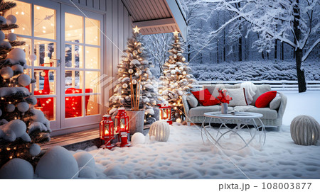 a cozy terrace with christmas tree and gifts 108003877
