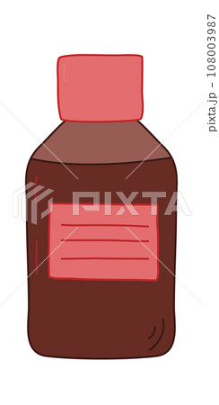 Brown glass bottle with screw cap, filled with liquid, cough syrup or medicine treatment, vector 108003987