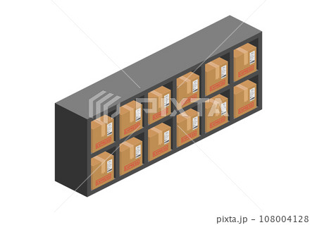 storage shelf bookcase with parcel boxes isometric vector flat illustration 108004128