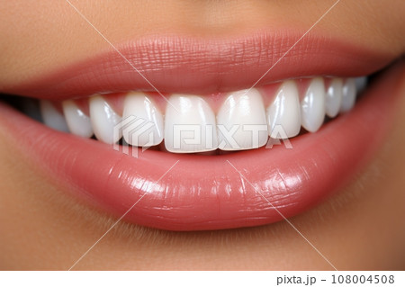 Exuding Radiance: Captivating Close-up of a Woman's Perfectly White Teeth and Joyful Smile 108004508
