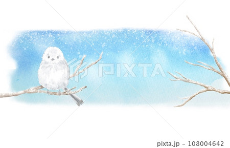 雪の枝にとまるシマエナガのかわいいイラスト。水彩画を背景に透明感のある背景素材。 108004642