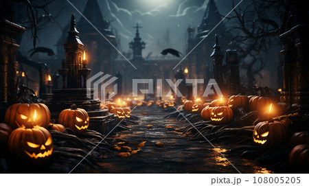 Big jack-o'-lantern decorated with light. Generative AI. 108005205