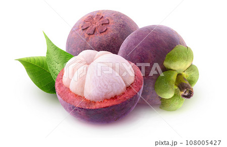 Halved mangosteen fruits isolated on white Halved mangosteen fruits isolated on white 108005427