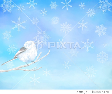 雪の結晶が降る寒い日、シマエナガが枝にとまっているかわいい背景イラスト。ファンタジックな冬の素材。 108007376