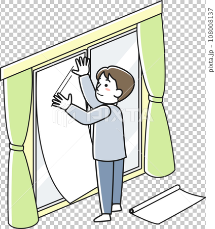 ガラスに飛散防止シートを付ける男性 108008137