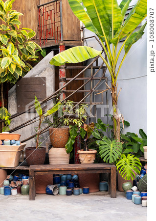 Collection of pots and plants decorate entrance to the floral store. 108008707