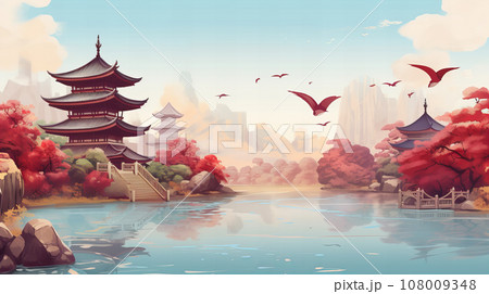 京都風 街並みイラスト 背景素材 京都風 街並みイラスト 背景素材 108009348