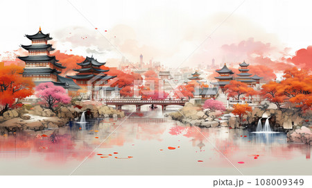 京都風 街並みイラスト 背景素材 京都風 街並みイラスト 背景素材 108009349