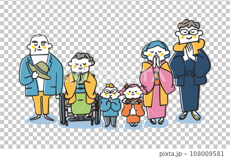 Illustration material of a three-generation family including a woman and a man in a wheelchair visiting the shrine 108009581