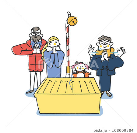 お賽銭を投げる子供と父親　それを見る外国人観光客　イラスト素材	 108009584